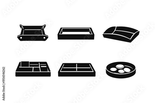 Collection of various tray and dish icons in a simple black and white silhouette style