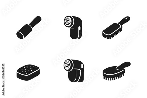 Collection of cleaning and grooming tools including lint removers, brushes, and sponges