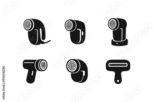 Collection of black icons representing fabric shavers and a lint roller for clothing care