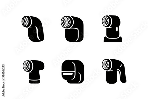 Collection of six different lint remover icons in black and white silhouette style