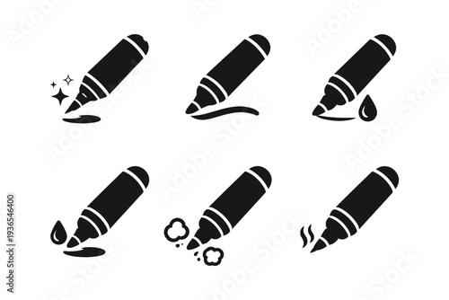 Set of six black marker pen icons showing different actions and effects