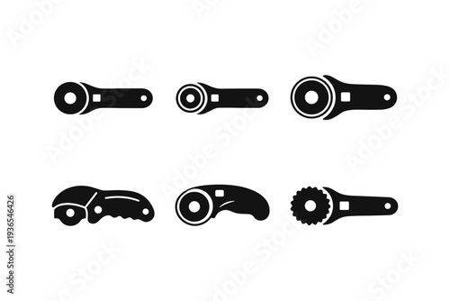 Collection of six different rotary cutter icons in black and white silhouette style