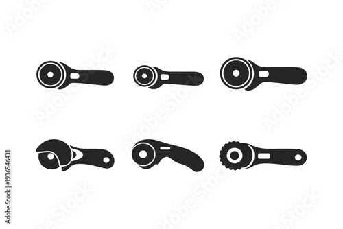Collection of six different rotary cutter icons in black silhouette on a white background