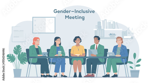 A diverse group of people sitting at a table in a meeting room with a gender-inclusive atmosphere