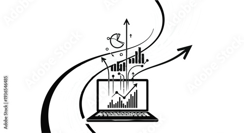 Digital data analysis and growth visualized with charts and graphs on a laptop screen.