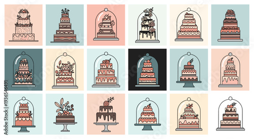 Collection of elegant wedding and party cakes in pastel colors is displayed under decorative glass domes for celebration and event themes.
