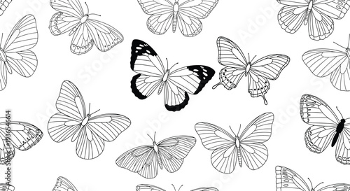Seamless pattern of various butterfly species in detailed black and white line art is shown on a white background for nature themed fabric.