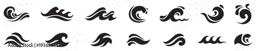 Wind icon set, black vector style, swirling air, curved lines, spiral motion, flame accent, breeze, movement, weather