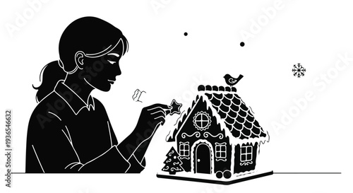 Young person decorating a festive gingerbread house with a star ornament for the holidays