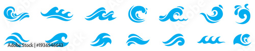 Blue waves and splashes of water set. Swirls, curves and flow of liquid clip art. Silhouette of water flows, vector elements on a white background.