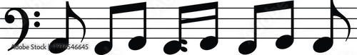 Detailed Black Vector Illustration of Musical Notes and Symbols on a Five Line Staff for Songwriting and Music Theory Education