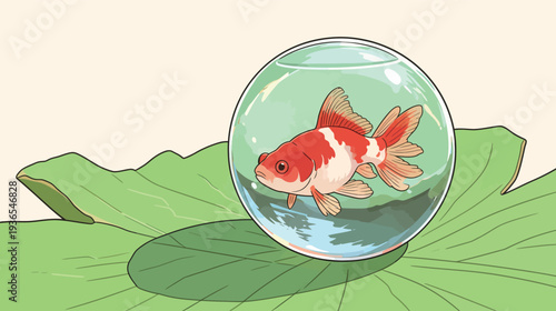 A goldfish swims in a clear glass bowl placed on a lily pad. The scene is well lit and shows details of the fish and pad.