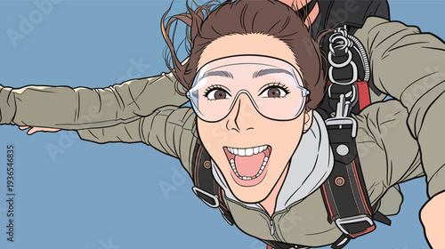 A woman smiles widely while skydiving, enjoying the thrill of freefall. She wears safety gear and goggles, capturing the moment.