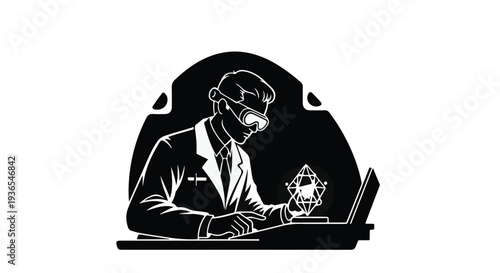 Scientist in lab coat examining crystal with laptop, exploring new discoveries