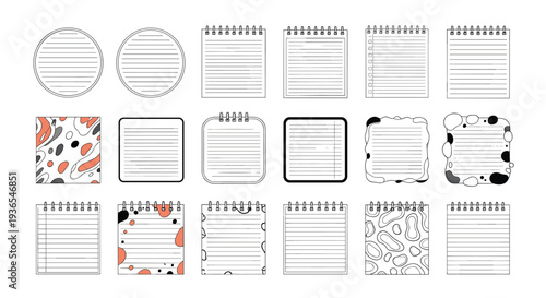 Assortment of notebook paper and sticky note designs with diverse borders patterns and spiral binding styles for planning and journaling.