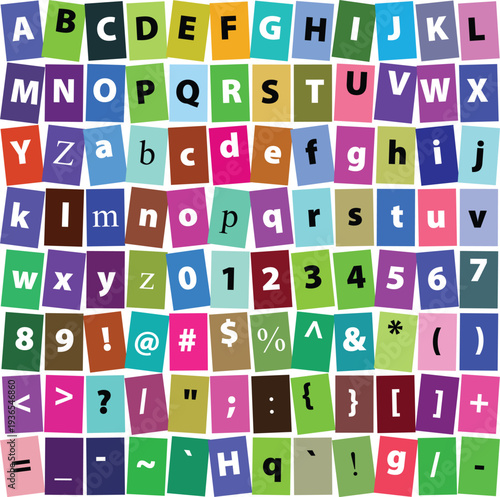 A vibrant collection of cut-out letters, numbers, and symbols on colorful backgrounds, resembling a ransom note style.