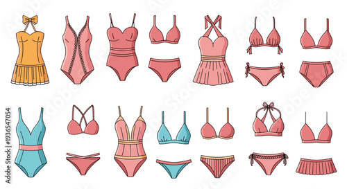 Extensive collection of women's swimwear including one-piece swimsuits and bikini sets in various styles and shades of pink and blue.