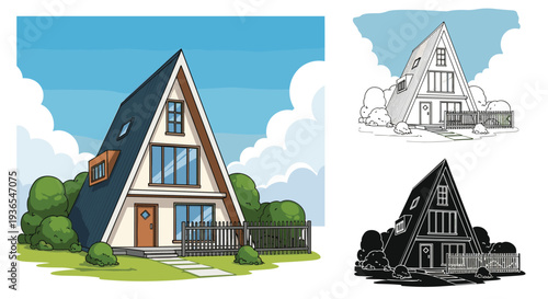 Modern a-frame house design presented in three distinct styles including a full color illustration black outline and solid silhouette.