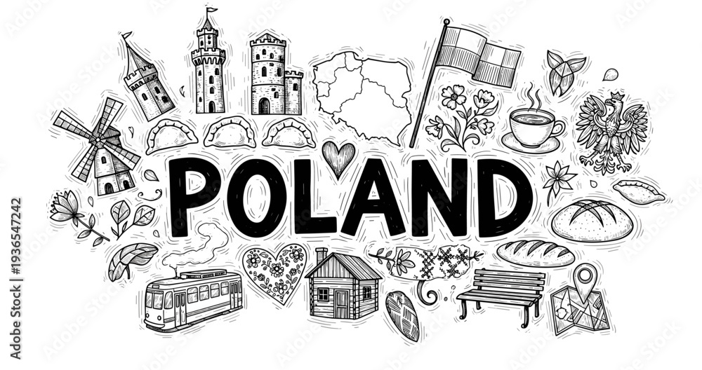 Fototapeta premium Poland sketch collage including landmarks, traditions, and symbols