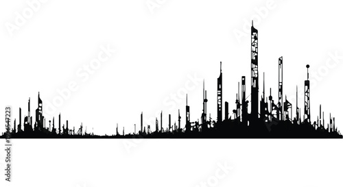 Abstract silhouette of a sprawling futuristic cityscape with towering skyscrapers.