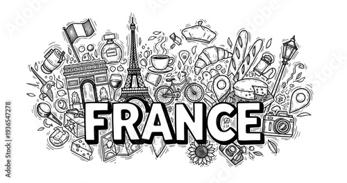 France doodle: iconic paris landmarks and french culture elements