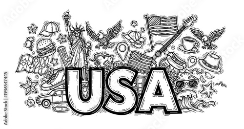 Usa doodle art: statue of liberty, flags, eagles, and american icons