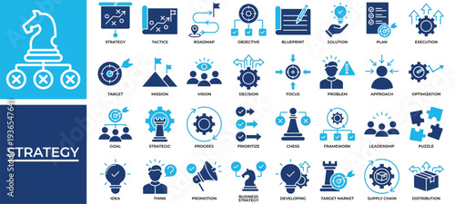 Strategy icon set collection. Containing result, draft, evolution, think, blueprint, puzzle, decision .Solid vector icons collection