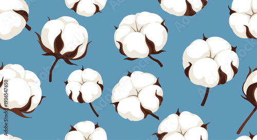 Beautiful seamless pattern of soft white cotton bolls with brown husks scattered on a light blue background for textile design.