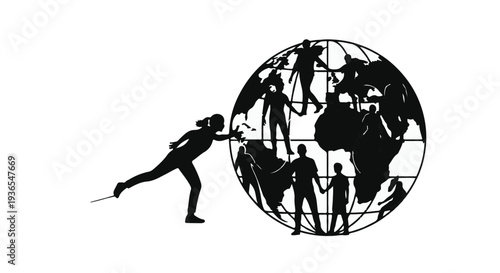 Silhouette of diverse people holding hands around a globe, symbolizing unity and global connection.