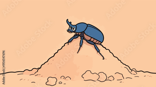 A beetle is climbing a sand mound in a bright setting. The background shows a plain color that highlights the scene.