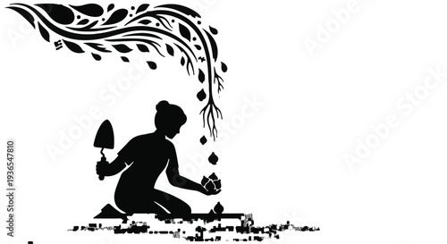 Silhouette of a person planting a seedling, symbolizing growth and nurturing nature.
