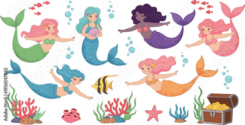 Cute Mermaid Characters Set with Colorful Tails, Underwater Sea Life, Coral Reef Elements and Treasure Chest Cartoon Vector Illustration