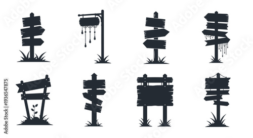 Set of rustic wooden directional sign silhouettes and bulletin boards on poles for outdoor navigation and information displays.