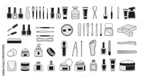 Extensive collection of manicure and pedicure tools and beauty products presented in monochrome black and white graphic styles for salon themes.