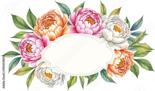 Elegant watercolor peony floral frame illustration for wedding invitation greeting card border vector