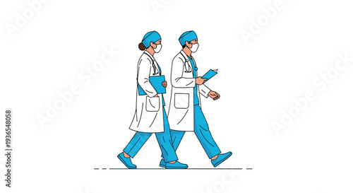 Two healthcare professionals walking together in white lab coats and blue scrubs while wearing medical face masks for health and safety.