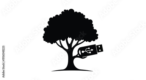 USB drive growing from a tree, symbolizing digital growth and data storage.
