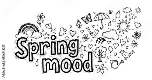 Hand-drawn spring mood with flowers, birds, and nature elements