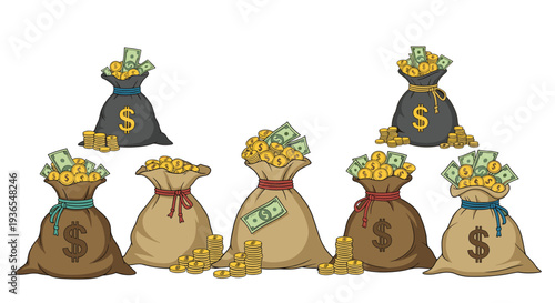 Illustration of multiple burlap sacks filled with gold coins and dollar bills surrounded by stacks of money representing wealth and prosperity.