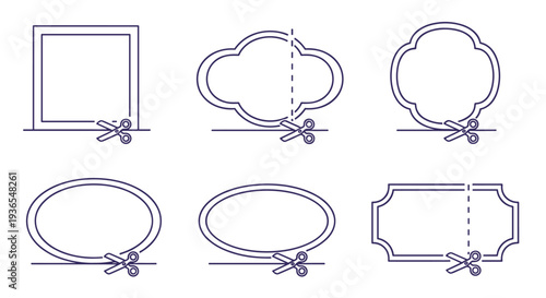 Collection of various shapes including squares circles and labels with dashed cutting lines and scissors icons for craft and coupon templates.
