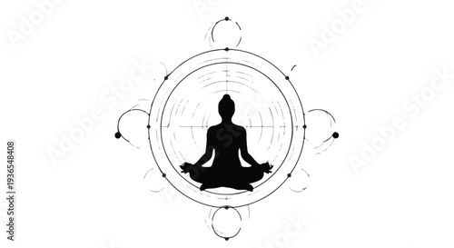 Serene silhouette meditating within a sacred geometric mandala, symbolizing peace and enlightenment.
