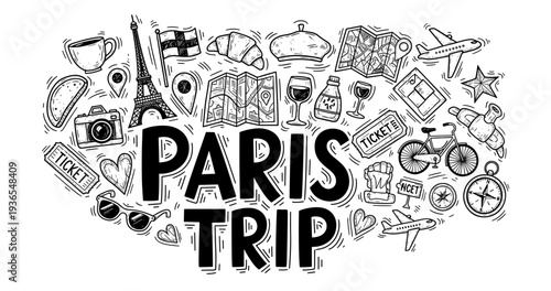 Hand-drawn paris trip icons: eiffel tower, wine, croissant, maps, and travel essentials