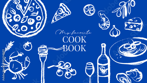 Italian Mediterranean cook book cover. Hand drawn crayon isolated vector illustration. Amalfi sketch vacation design. Wine, grapes, cheese, tomato, olive, pizza. Vintage summer background