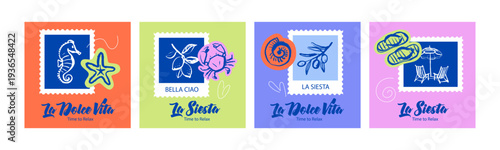 Vintage summer Italian Mediterranean coastal banners with postage stamps. Hand drawn vector illustration. Amalfi crayon sketch beach vacation design.