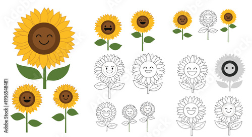Set of cheerful sunflower illustrations with cute smiling faces shown in vibrant colors black and white outlines and greyscale versions.