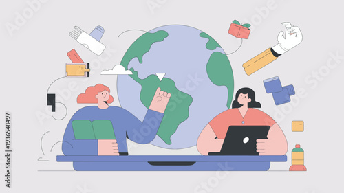 Two people sitting at a desk with a globe and various objects around them, representing global communication and learning