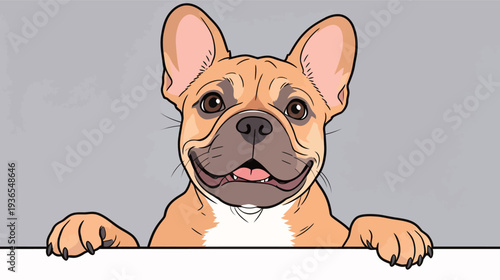 A dog with a happy expression rests its paws on a surface. The background is simple and the focus is on the dog's face.