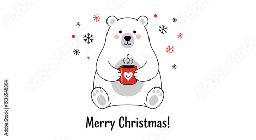 Cute polar bear holding a red mug with a heart and surrounded by snowflakes for a festive Christmas greeting card.