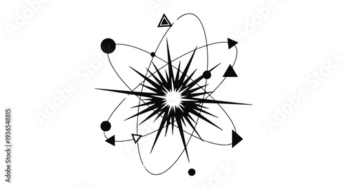 Abstract atomic structure with orbiting particles and geometric shapes on a white background
