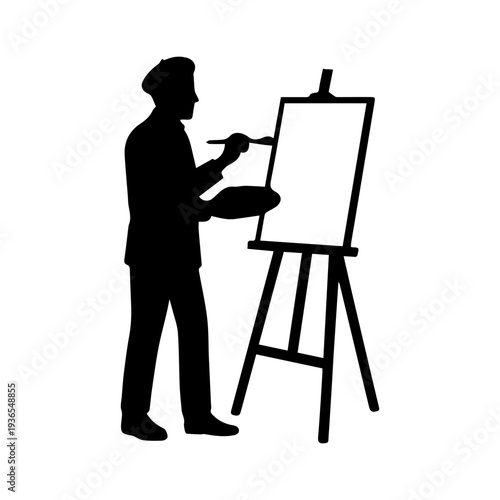 Artist silhouette painting a canvas on an easel